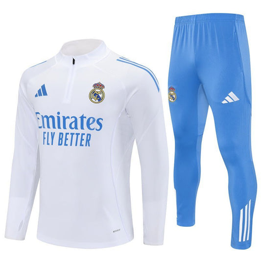 25/26 Real Madrid Training White/Light Blue Kids Size Tracksuit - Premium Quality Kits at Football Monarch